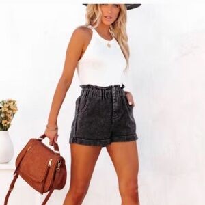 She + Sky Black High-Waist Paperbag Denim Shorts